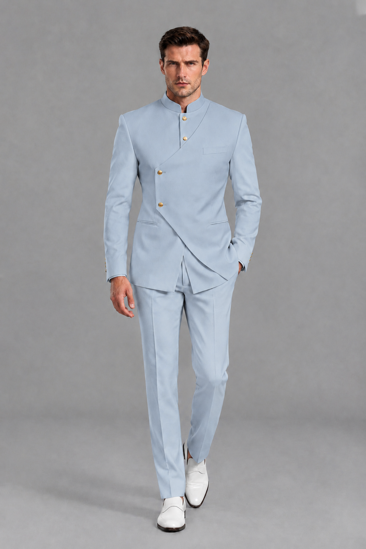 Savile Men's Powder Blue Asymmetrical Mandarin Collar Tuxedo Suit – Modern 2-Piece Gold Button Wedding, Prom & Gala Set - Powder Blue - Powder Blue_2