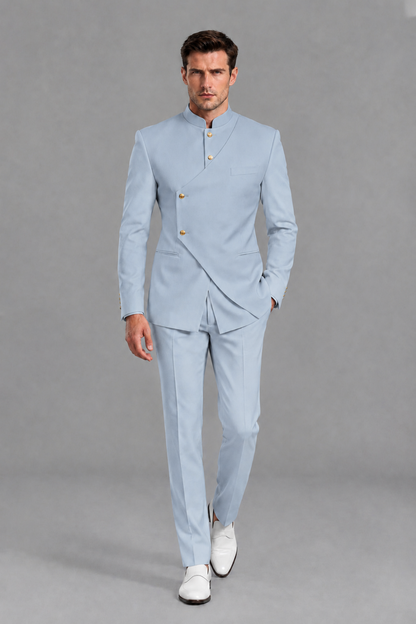 Savile Men's Powder Blue Asymmetrical Mandarin Collar Tuxedo Suit – Modern 2-Piece Gold Button Wedding, Prom & Gala Set - Powder Blue - Powder Blue_2