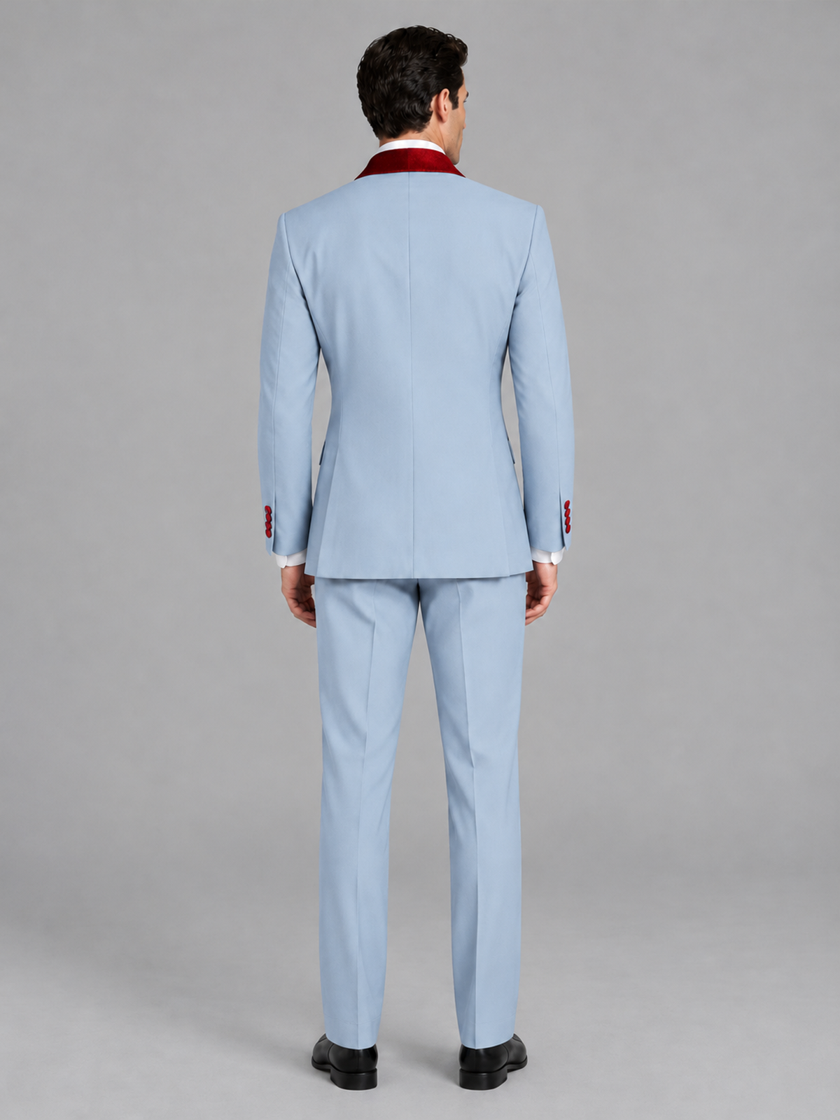 Savile Men's Powder Blue 3-Piece Tuxedo Suit Set – Contrast Red Shawl Lapel Blazer, Red Waistcoat & Trousers - SUC020 - Powder_Blue