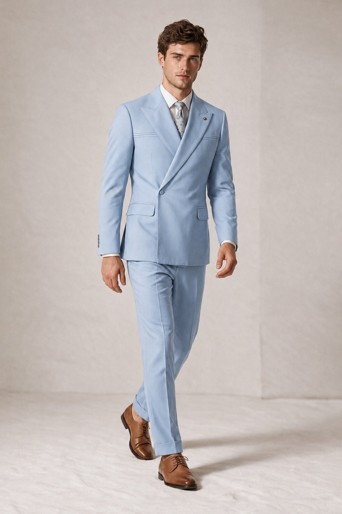 Savile Men's Powder Blue Double-Breasted Slim Fit 2-Piece Suit Set – Peak Lapel Blazer & Cuffed Trousers | Wedding Prom Formal - Powder Blue