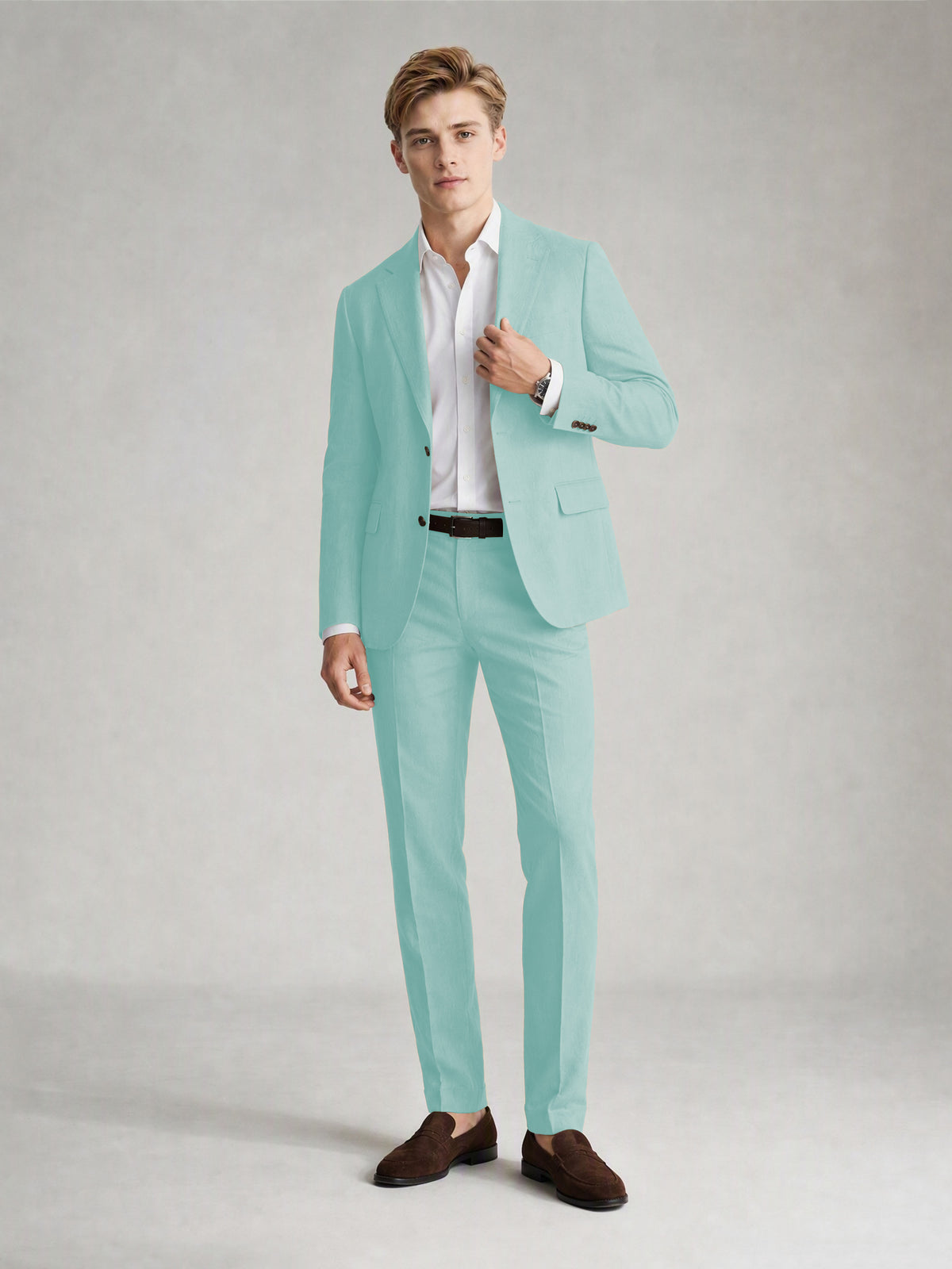 Savile Men's Sand Khaki Linen-Blend 2-Piece Suit Set – Two-Button Notch Lapel Slim-Fit Blazer & Slim Trousers - Powder Blue - Powder_Blue