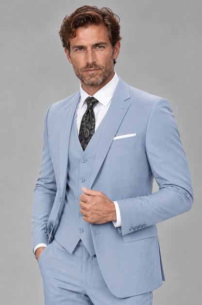 Savile Men's Powder Blue 3-Piece Suit Set – Notch Lapel Blazer, Vest & Trousers - Powder Blue - Powder_Blue_3