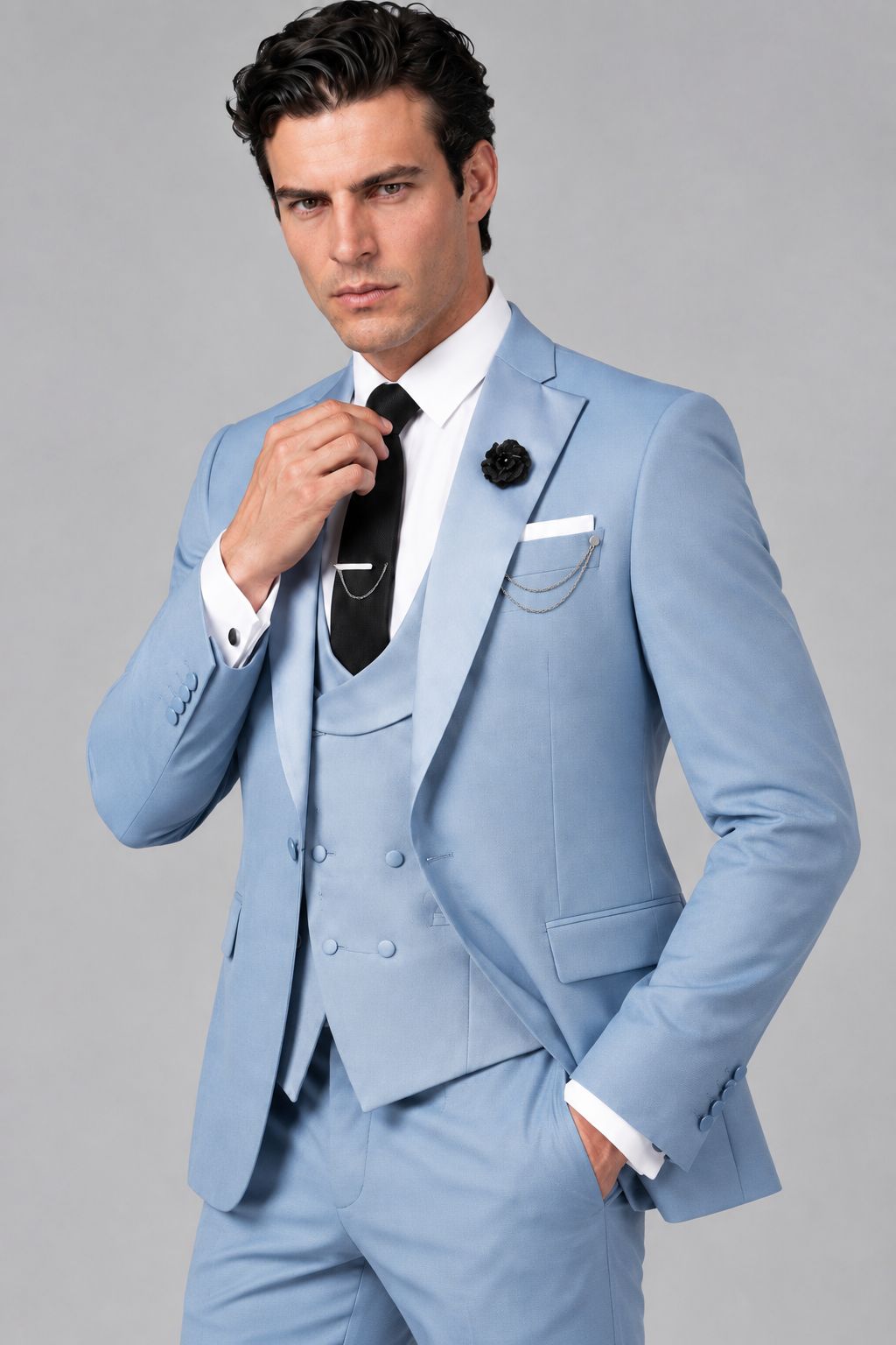 Savile Men's Powder Blue 3-Piece Tuxedo Suit – Contrast Silver Peak Lapel & Grey Vest Formal Set - Powder Blue - Powder Blue_3