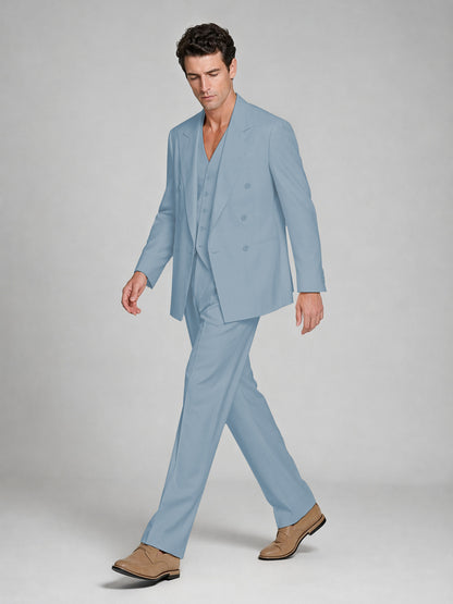 Men's Powder Blue Double-Breasted 2-Piece Suit – Peak Lapel Wedding & Beach Formal Set with Vest - Powder Blue
