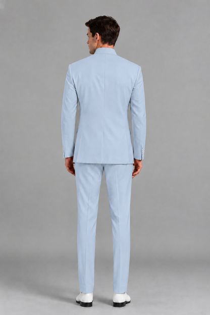 Savile Men's Powder Blue Asymmetrical Mandarin Collar Tuxedo Suit – Modern 2-Piece Gold Button Wedding, Prom & Gala Set - Powder Blue - Powder Blue_3