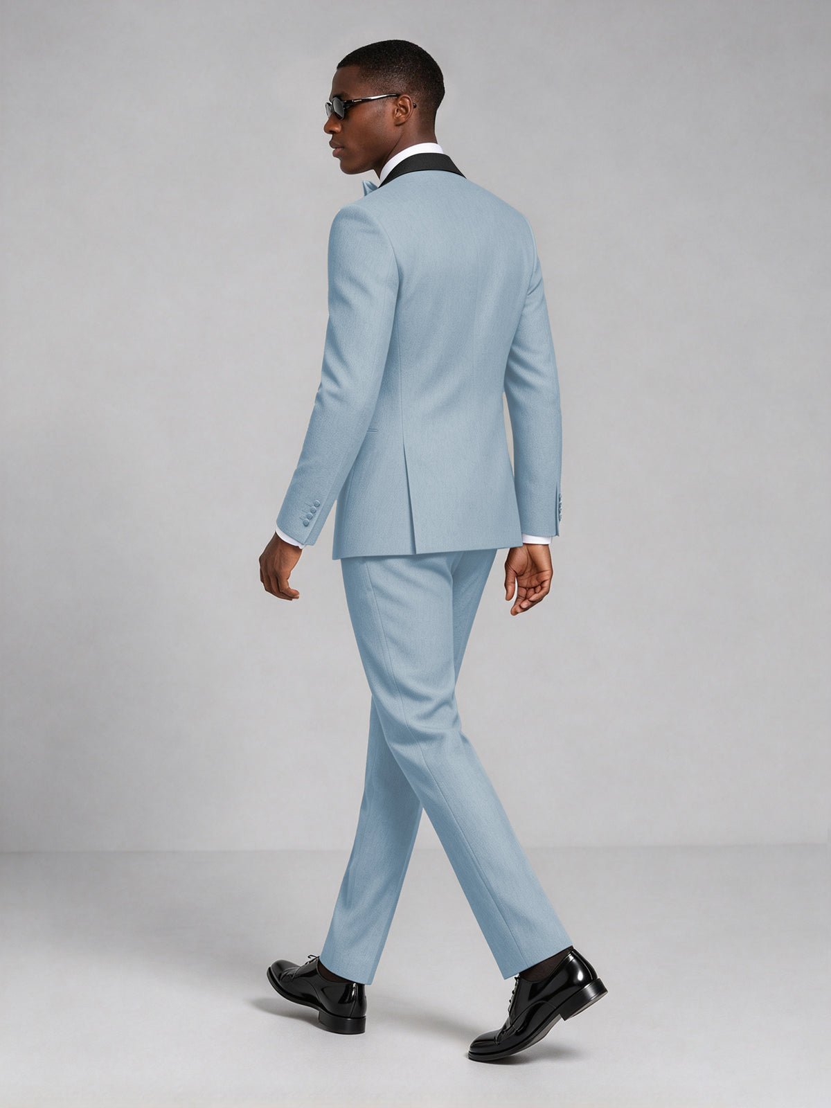 Men's Powder Blue Double-Breasted Tuxedo Suit – Satin Shawl Lapel Powder Blue-Tie Wedding & Gala 2-Piece Set - Powder Blue