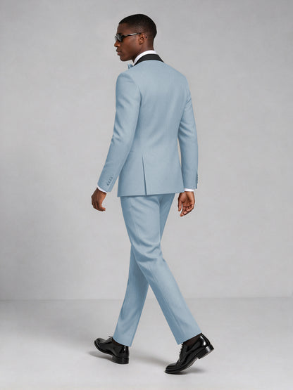 Men's Powder Blue Double-Breasted Tuxedo Suit – Satin Shawl Lapel Powder Blue-Tie Wedding & Gala 2-Piece Set - Powder Blue