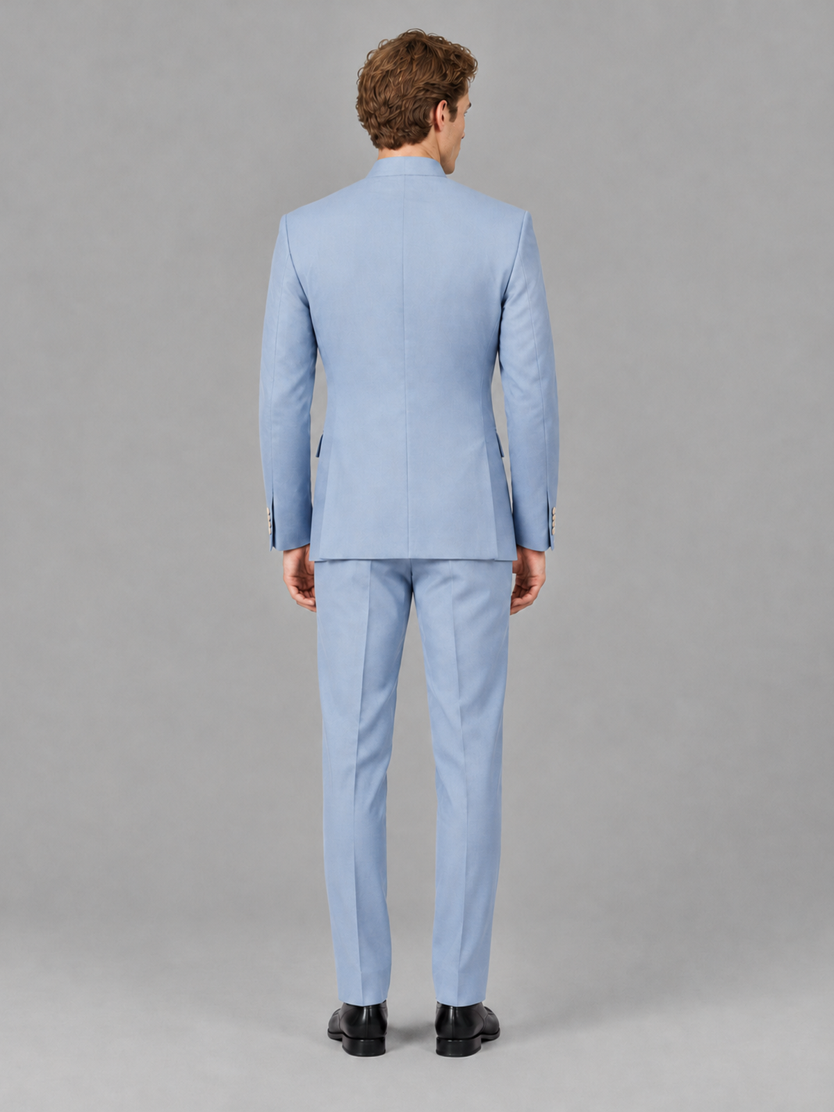 Savile Men's Powder Blue Mandarin Collar Asymmetrical 2-Piece Suit Set – Modern Jacket & Trousers - Powder Blue - Powder Blue_3