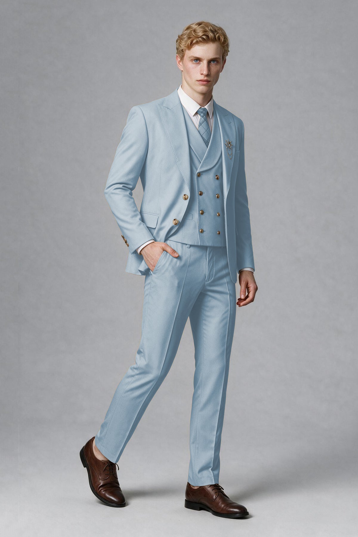 Savile Men's Powder Blue Three-Piece Wedding Suit with Double-Breasted Waistcoat - Powder Blue