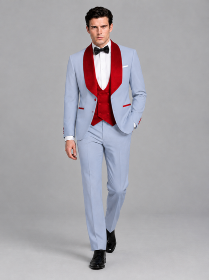 Savile Men's Powder Blue 3-Piece Tuxedo Suit Set – Contrast Red Shawl Lapel Blazer, Red Waistcoat & Trousers - SUC020 - Powder_Blue