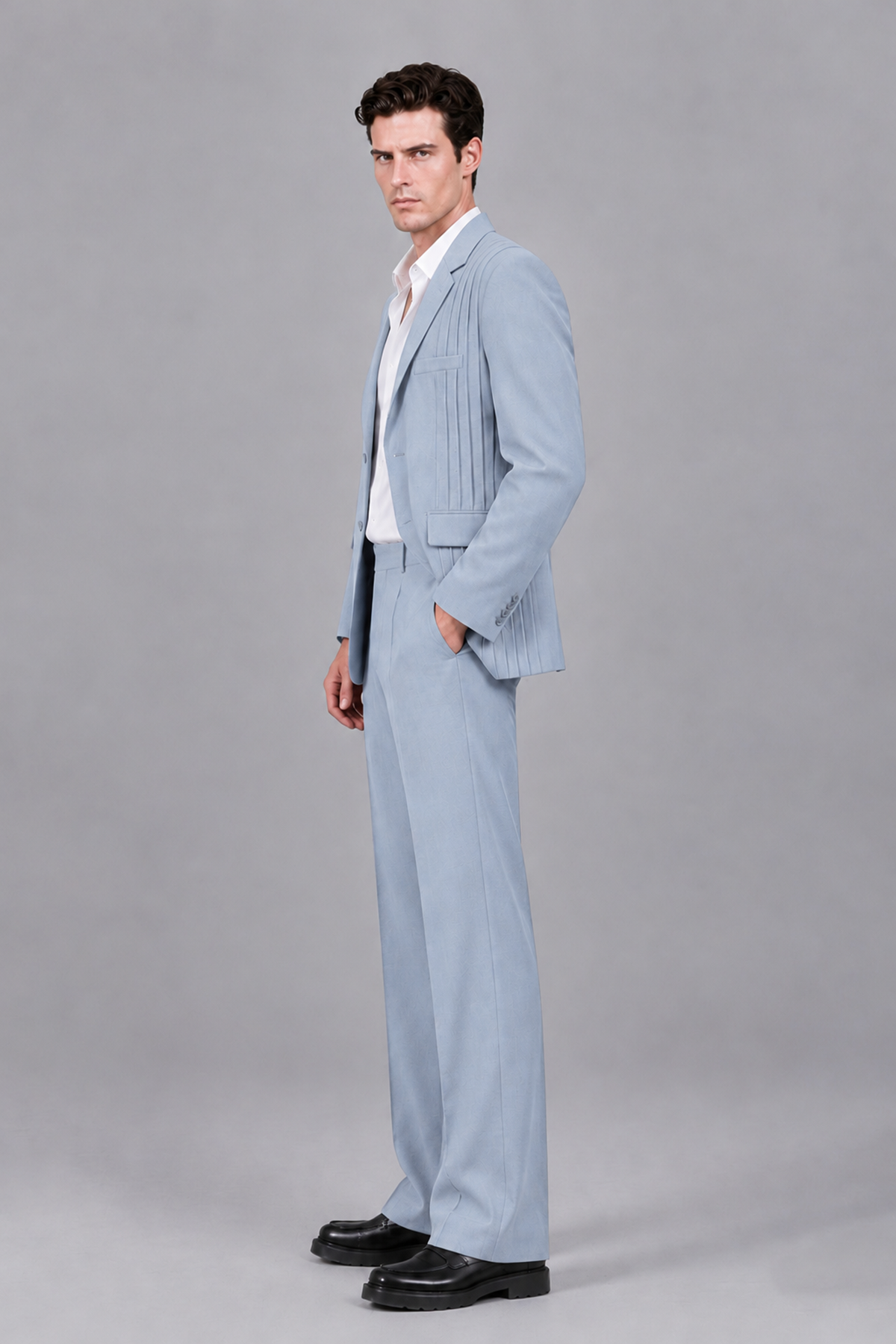 Savile Men's Powder Blue Pleated 2-Piece Suit Set | Notch Lapel Blazer & Tailored Trousers - Powder Blue - Powder Blue_4