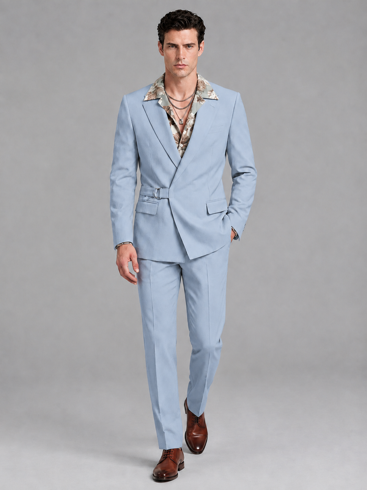 Savile Men's Powder Blue Belted Wrap 2-Piece Suit – Peak Lapel Blazer & Tailored Trousers - SUC060 - Powder Blue - Powder Blue_4