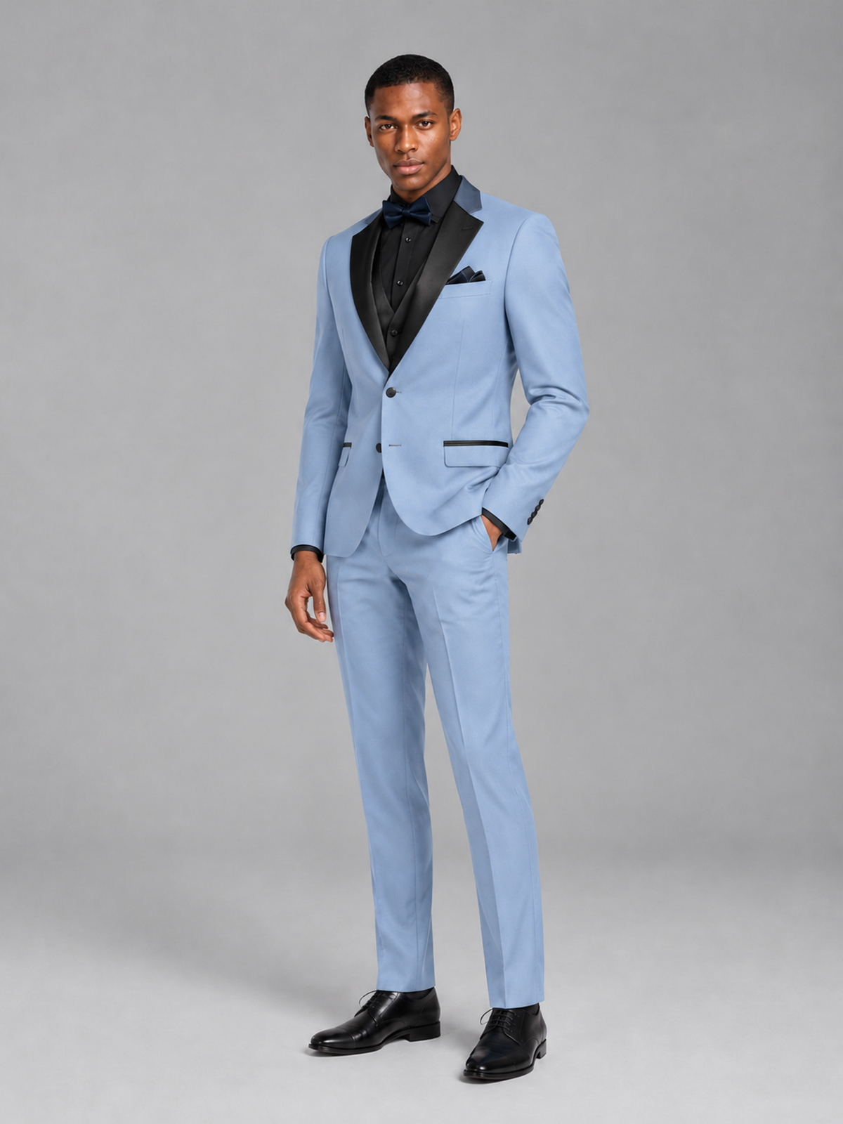 Savile Men's Powder Blue Contrast Shawl Lapel Tuxedo Suit – 3-Piece Wedding, Prom & Black-Tie Formal Set - Powder Blue - Powder Blue_4
