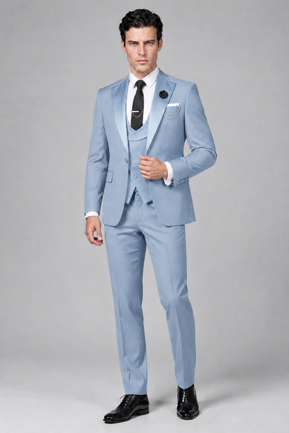 Savile Men's Powder Blue 3-Piece Tuxedo Suit – Contrast Silver Peak Lapel & Grey Vest Formal Set - Powder Blue - Powder Blue_4