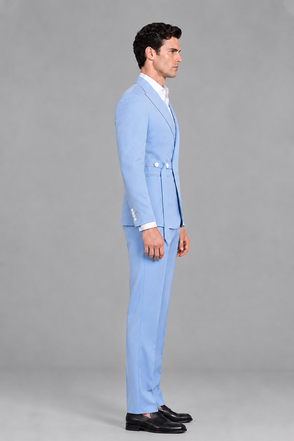 Savile Men's Modern Powder Blue 2-Piece Wrap Suit Set – Peak Lapel Side-Button Blazer & Tailored Trousers - Powder Blue - Powder_Blue_4
