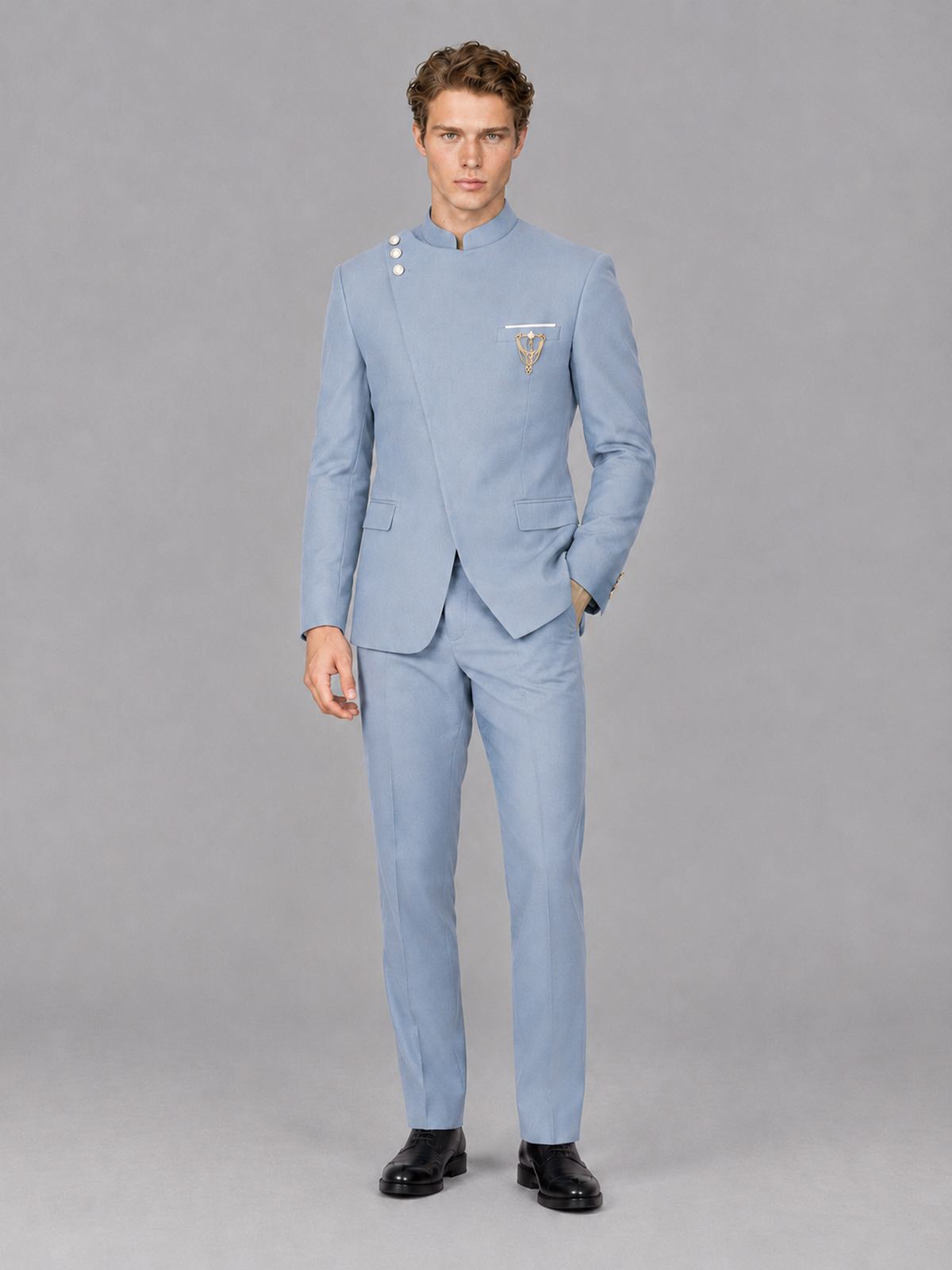 Savile Men's Powder Blue Mandarin Collar Asymmetrical 2-Piece Suit Set – Modern Jacket & Trousers - Powder Blue - Powder Blue_4