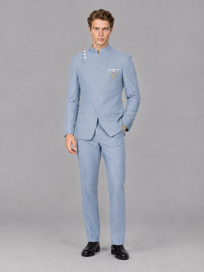 Savile Men's Powder Blue Mandarin Collar Asymmetrical 2-Piece Suit Set – Modern Jacket & Trousers - Powder Blue - Powder Blue_4