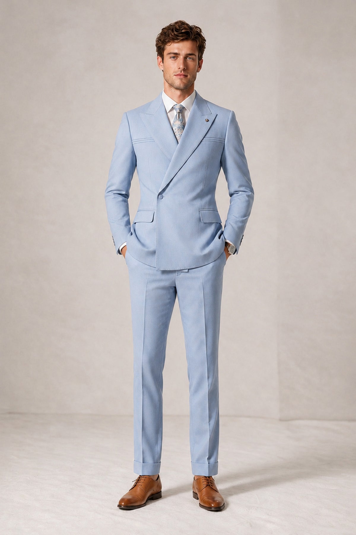 Savile Men's Powder Blue Double-Breasted Slim Fit 2-Piece Suit Set – Peak Lapel Blazer & Cuffed Trousers | Wedding Prom Formal - Powder Blue