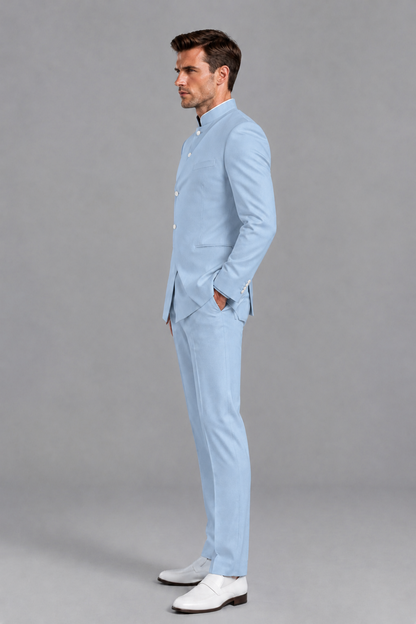 Savile Men's Powder Blue Asymmetrical Mandarin Collar Tuxedo Suit – Modern 2-Piece Gold Button Wedding, Prom & Gala Set - Powder Blue - Powder Blue_4