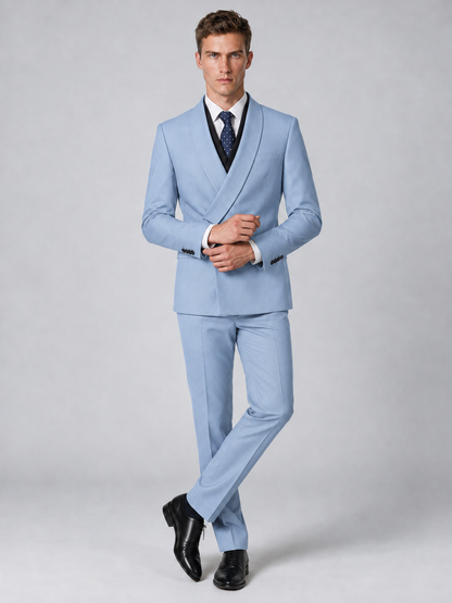 Savile Men's Powder Blue Wrap Shawl Lapel 2-Piece Suit Set – Modern Jacket & Trousers - Powder Blue - Powder Blue_4