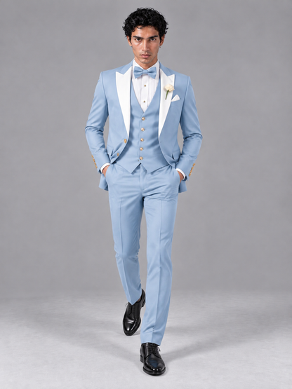 Savile Men's Powder Blue Contrast White Peak Lapel 3-Piece Tuxedo Suit - Powder_Blue