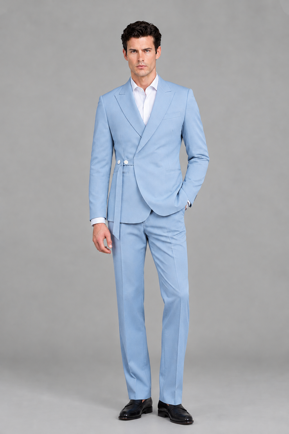 Savile Men's Modern Powder Blue 2-Piece Wrap Suit Set – Peak Lapel Side-Button Blazer & Tailored Trousers - Powder Blue - Powder_Blue_5