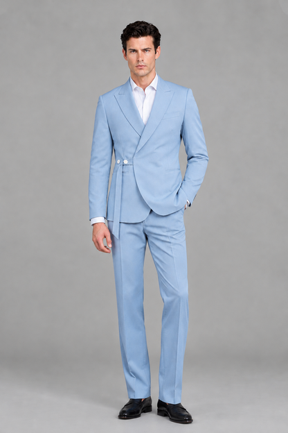 Savile Men's Modern Powder Blue 2-Piece Wrap Suit Set – Peak Lapel Side-Button Blazer & Tailored Trousers - Powder Blue - Powder_Blue_5