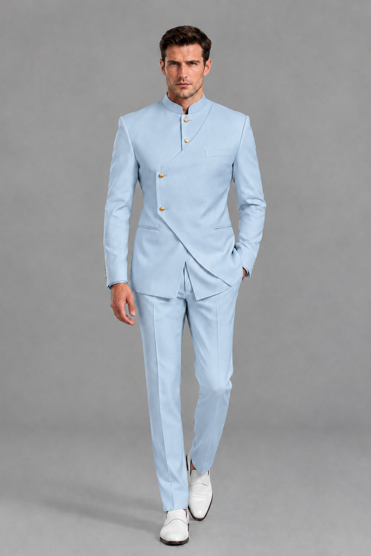 Savile Men's Powder Blue Asymmetrical Mandarin Collar Tuxedo Suit – Modern 2-Piece Gold Button Wedding, Prom & Gala Set - Powder Blue - Powder Blue_5
