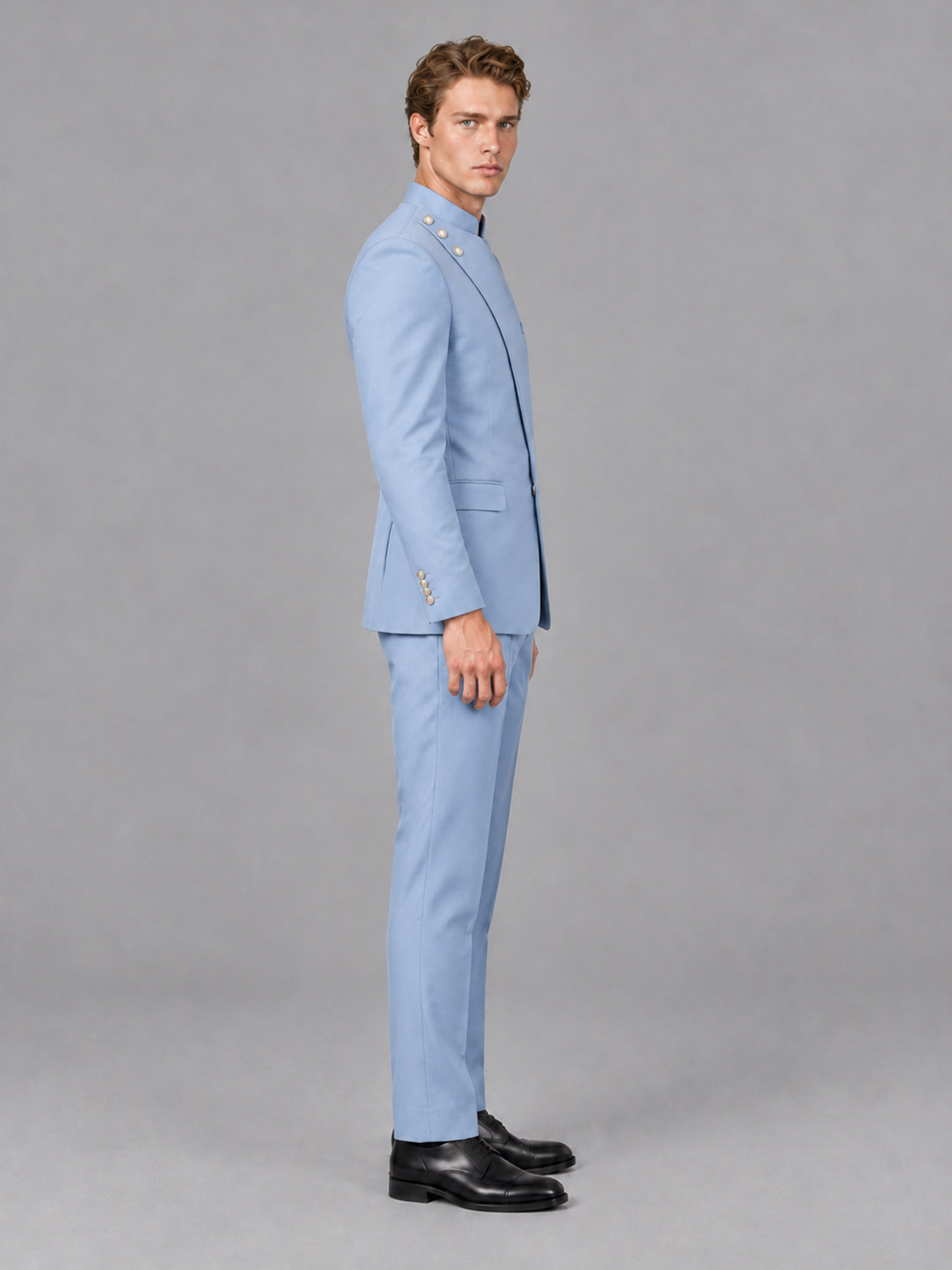 Savile Men's Powder Blue Mandarin Collar Asymmetrical 2-Piece Suit Set – Modern Jacket & Trousers - Powder Blue - Powder Blue_5