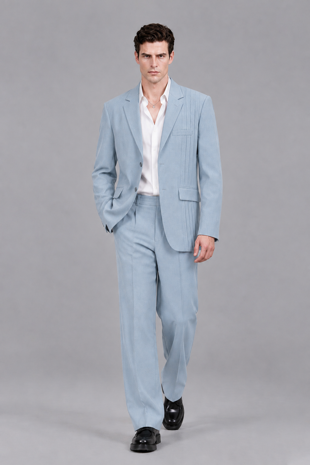 Savile Men's Powder Blue Pleated 2-Piece Suit Set | Notch Lapel Blazer & Tailored Trousers - Powder Blue - Powder Blue_5