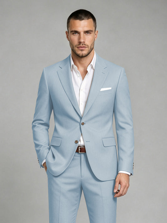 Savile Men's Dark Powder Blue Wool-Blend 2-Piece Suit Set – Two-Button Notch Lapel Slim-Fit Blazer & Turn-Up Trousers - Powder Blue