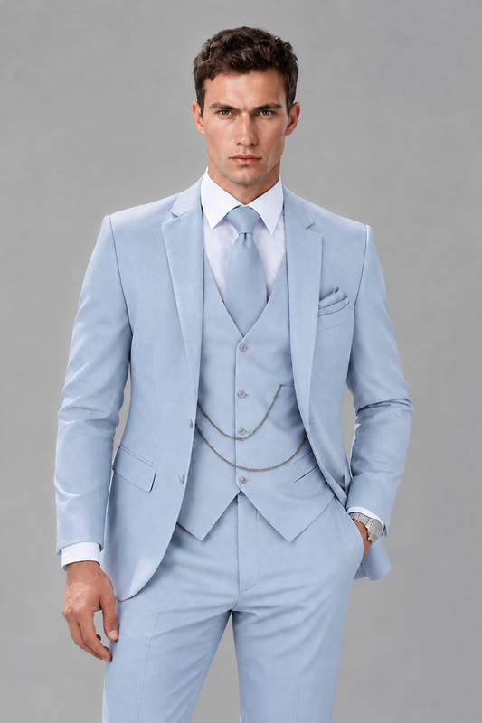 Savile Powder Blue 3-Piece Suit with Notch Lapel & Chain Vest - Powder Blue