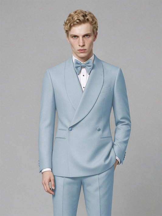 Men's Powder Blue Single-Button Powder Blue Satin Shawl Lapel Tuxedo Suit Set | Blazer & Trousers - Powder Blue