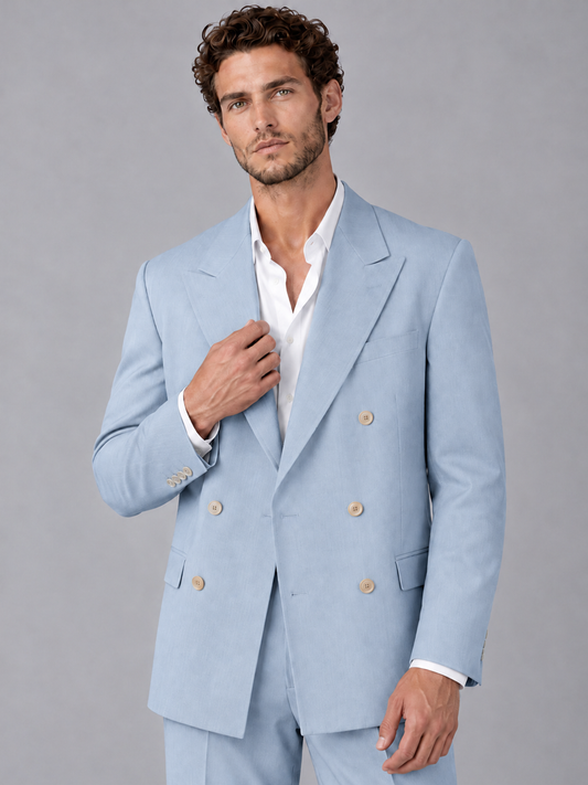 Savile Powder Blue Beige Double-Breasted 2-Piece Suit with Peak Lapel - Powder Blue