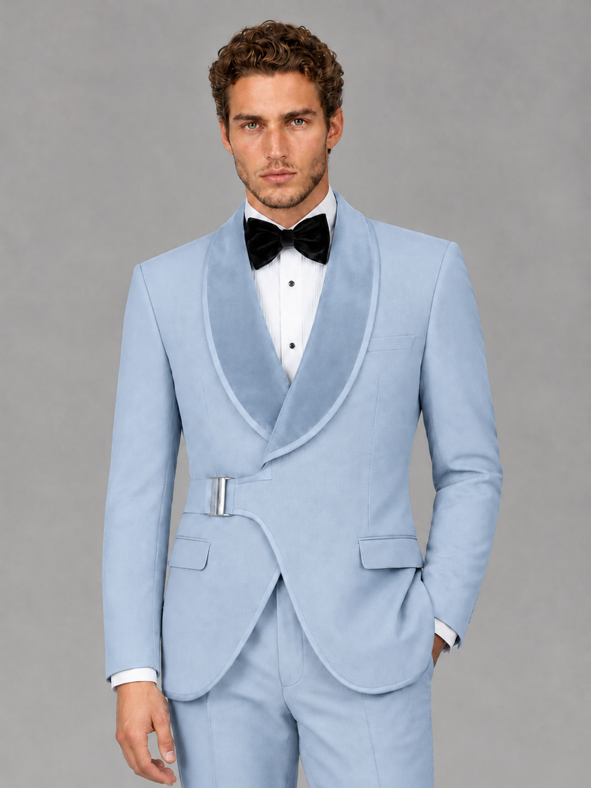 Savile Men's Powder Blue Velvet Shawl Lapel Tuxedo Suit – Modern Side-Buckle Dinner Jacket & Trousers 2-Piece Set - Powder Blue