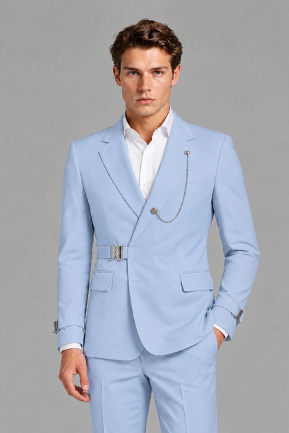 Savile Men's Powder Blue Buckle-Closure 2-Piece Suit Set | Peak Lapel Blazer & Trousers - Powder Blue