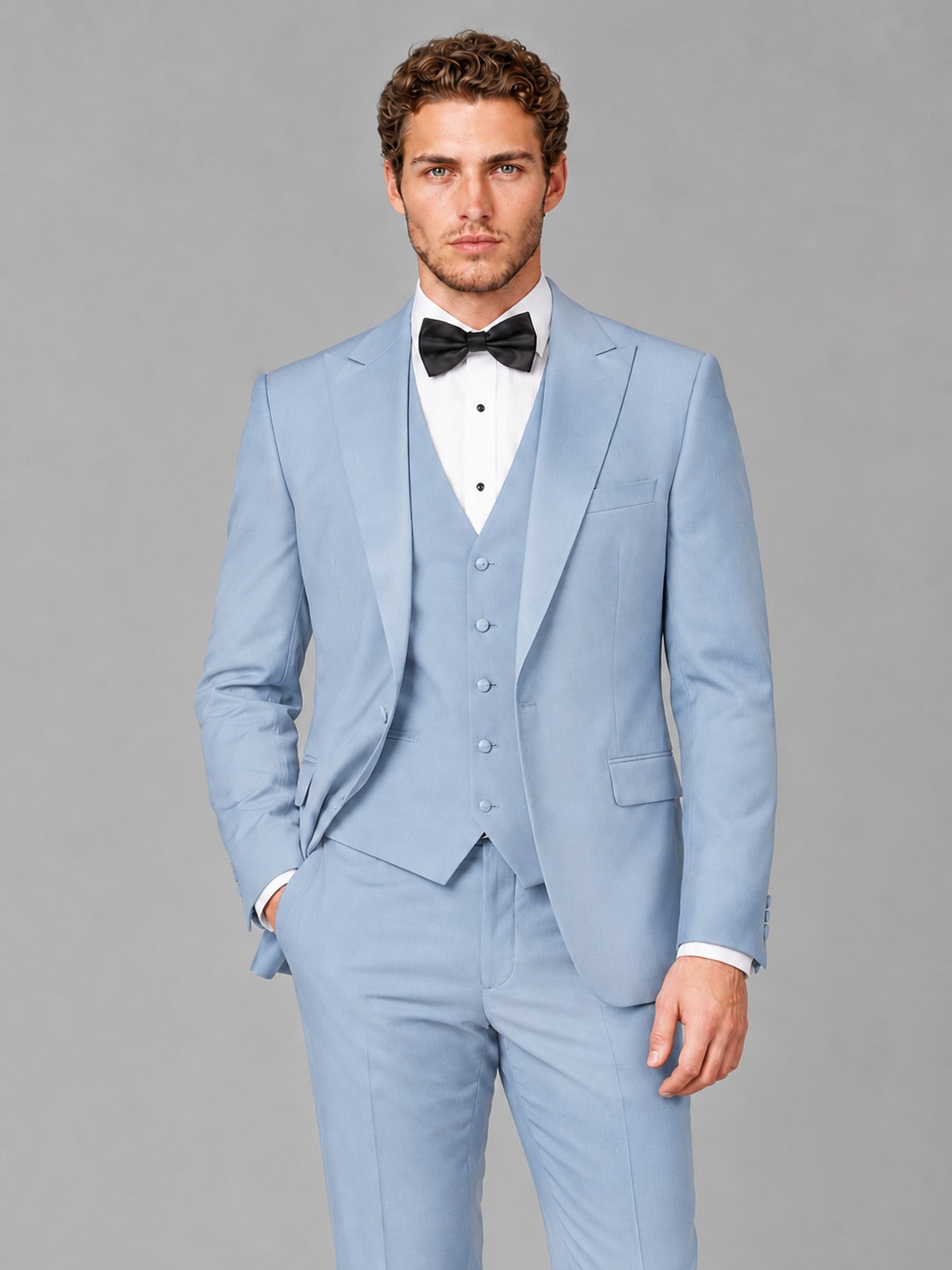 Savile Men's Powder Blue Peak Lapel 3-Piece Tuxedo Suit | Jacket, Vest & Trousers - Powder Blue