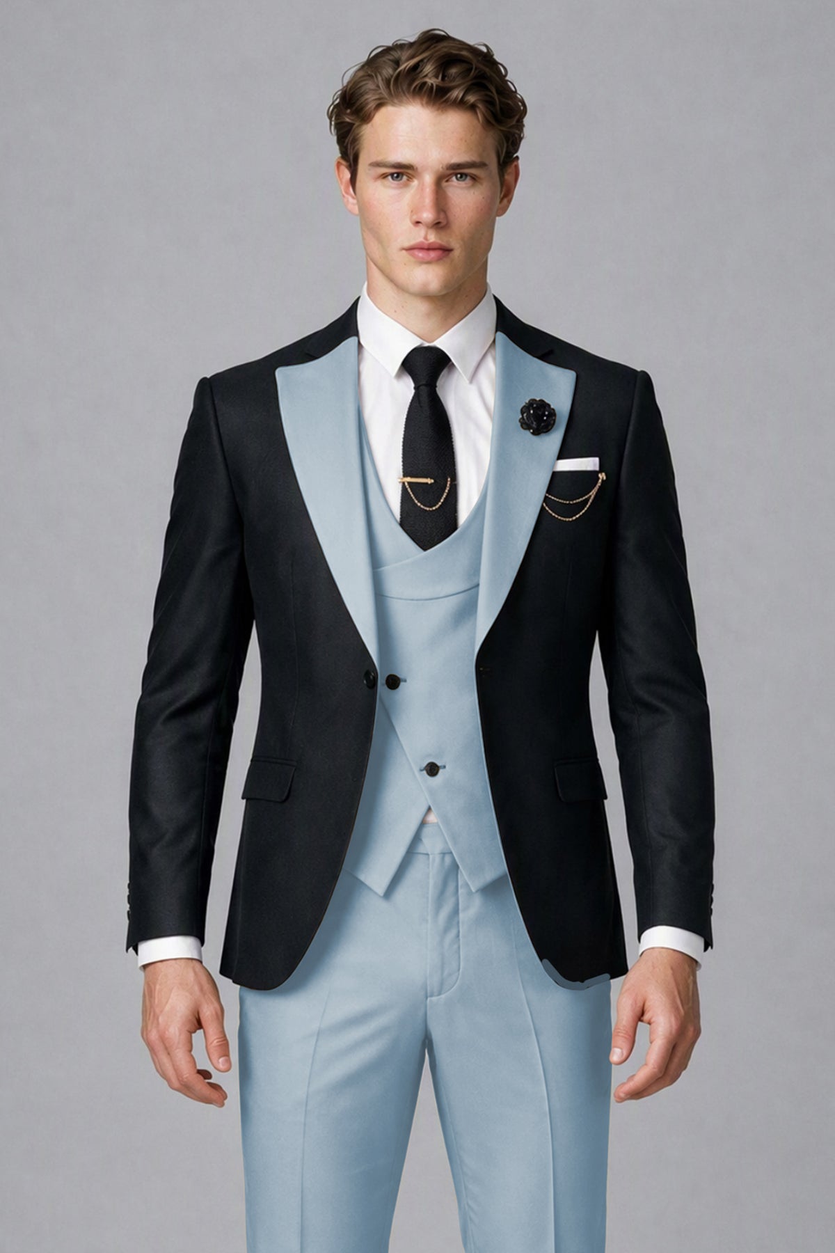 Savile Men's Black & Powder Blue Three-Piece Wedding Suit - Powder Blue