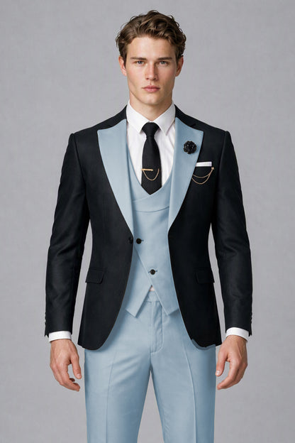 Savile Men's Black & Powder Blue Three-Piece Wedding Suit - Powder Blue