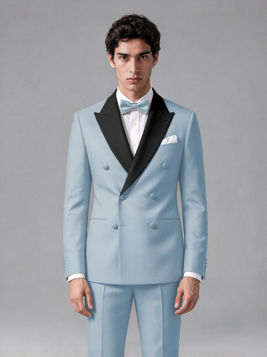 Men's Powder Blue Double-Breasted Satin Peak Lapel Tuxedo Suit Set (Jacket + Trousers) - Powder Blue