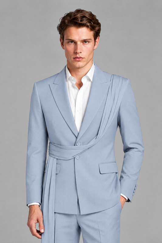 Men's Powder Blue Draped Sash Suit – Peak Lapel 2-Piece Slim Fit Party, Gala & Wedding Set - Powder Blue