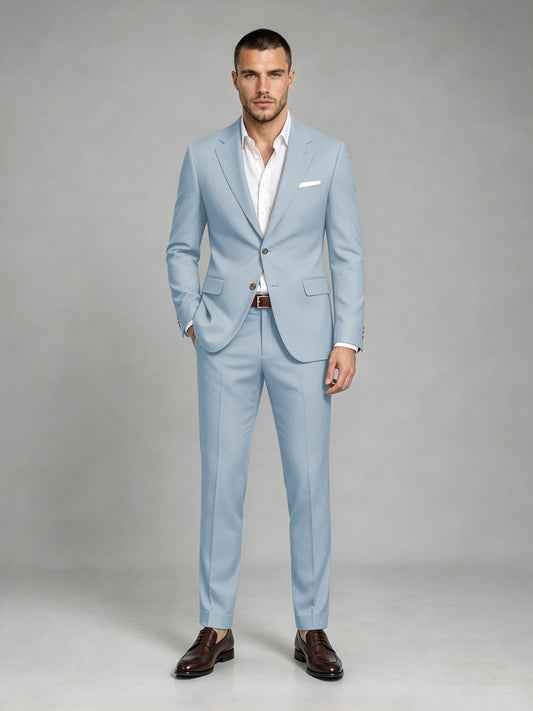 Savile Men's Dark Powder Blue Wool-Blend 2-Piece Suit Set – Two-Button Notch Lapel Slim-Fit Blazer & Turn-Up Trousers - Powder Blue