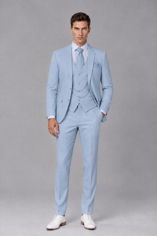 Savile Powder Blue 3-Piece Suit with Notch Lapel & Chain Vest - Powder Blue