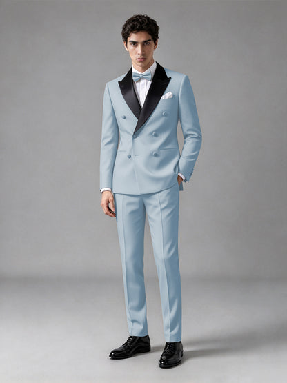Men's Powder Blue Double-Breasted Satin Peak Lapel Tuxedo Suit Set (Jacket + Trousers) - Powder Blue