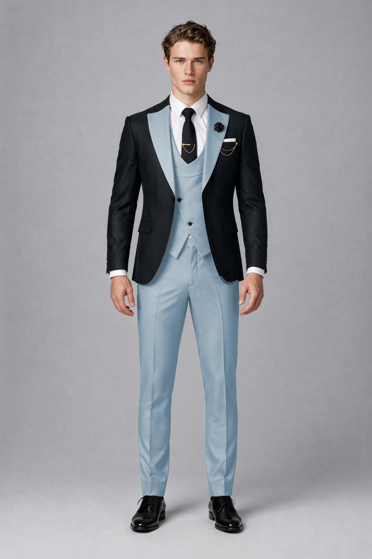 Savile Men's Black & Powder Blue Three-Piece Wedding Suit - Powder Blue
