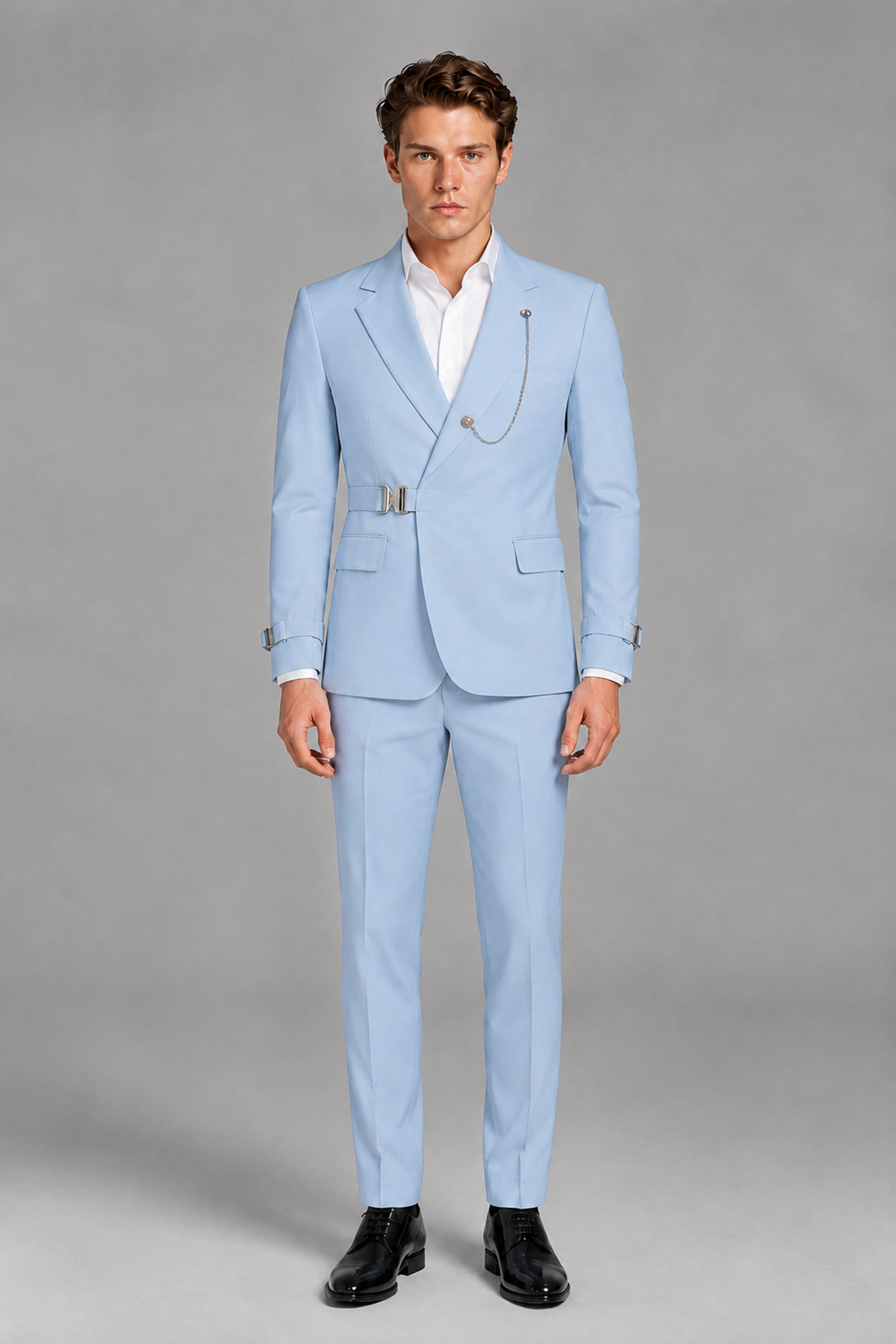 Savile Men's Powder Blue Buckle-Closure 2-Piece Suit Set | Peak Lapel Blazer & Trousers - Powder Blue