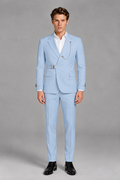 Savile Men's Powder Blue Buckle-Closure 2-Piece Suit Set | Peak Lapel Blazer & Trousers - Powder Blue