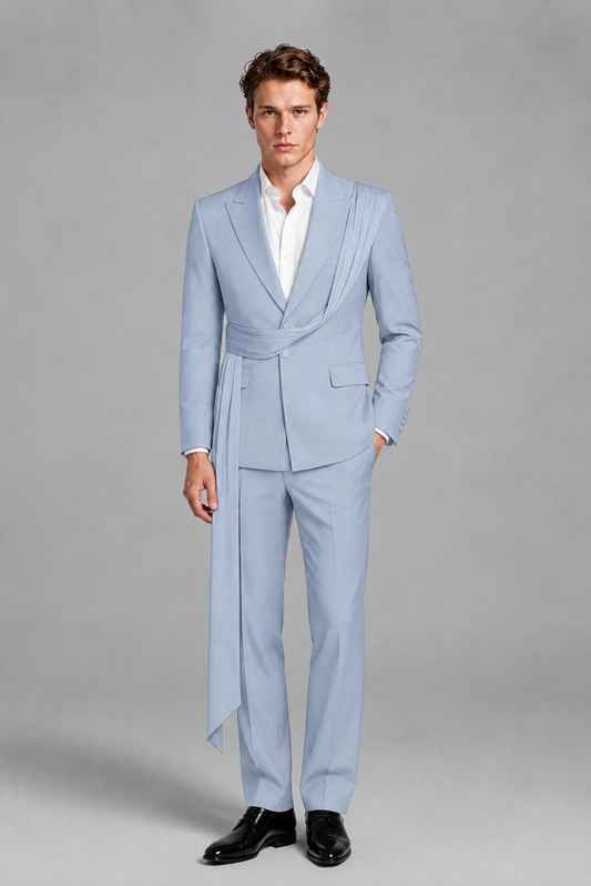 Men's Powder Blue Draped Sash Suit – Peak Lapel 2-Piece Slim Fit Party, Gala & Wedding Set - Powder Blue