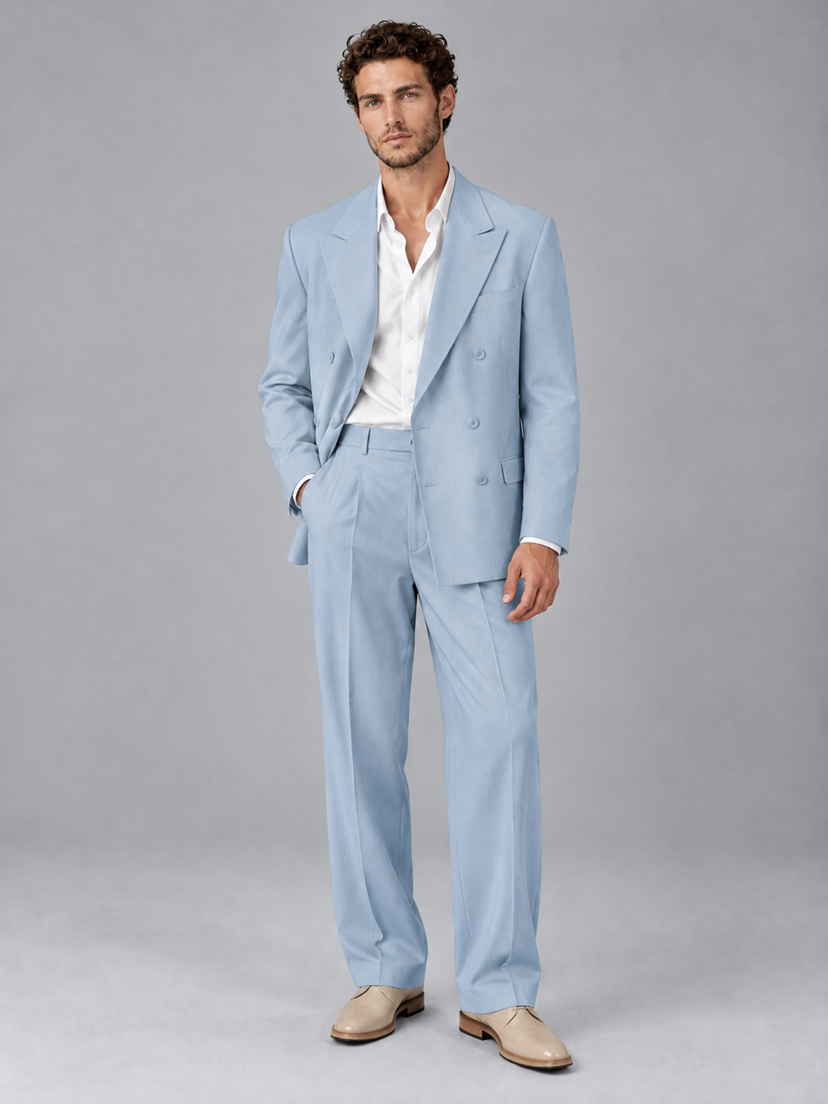Savile Powder Blue Beige Double-Breasted 2-Piece Suit with Peak Lapel - Powder Blue