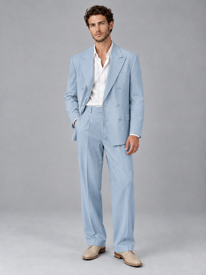Savile Powder Blue Beige Double-Breasted 2-Piece Suit with Peak Lapel - Powder Blue